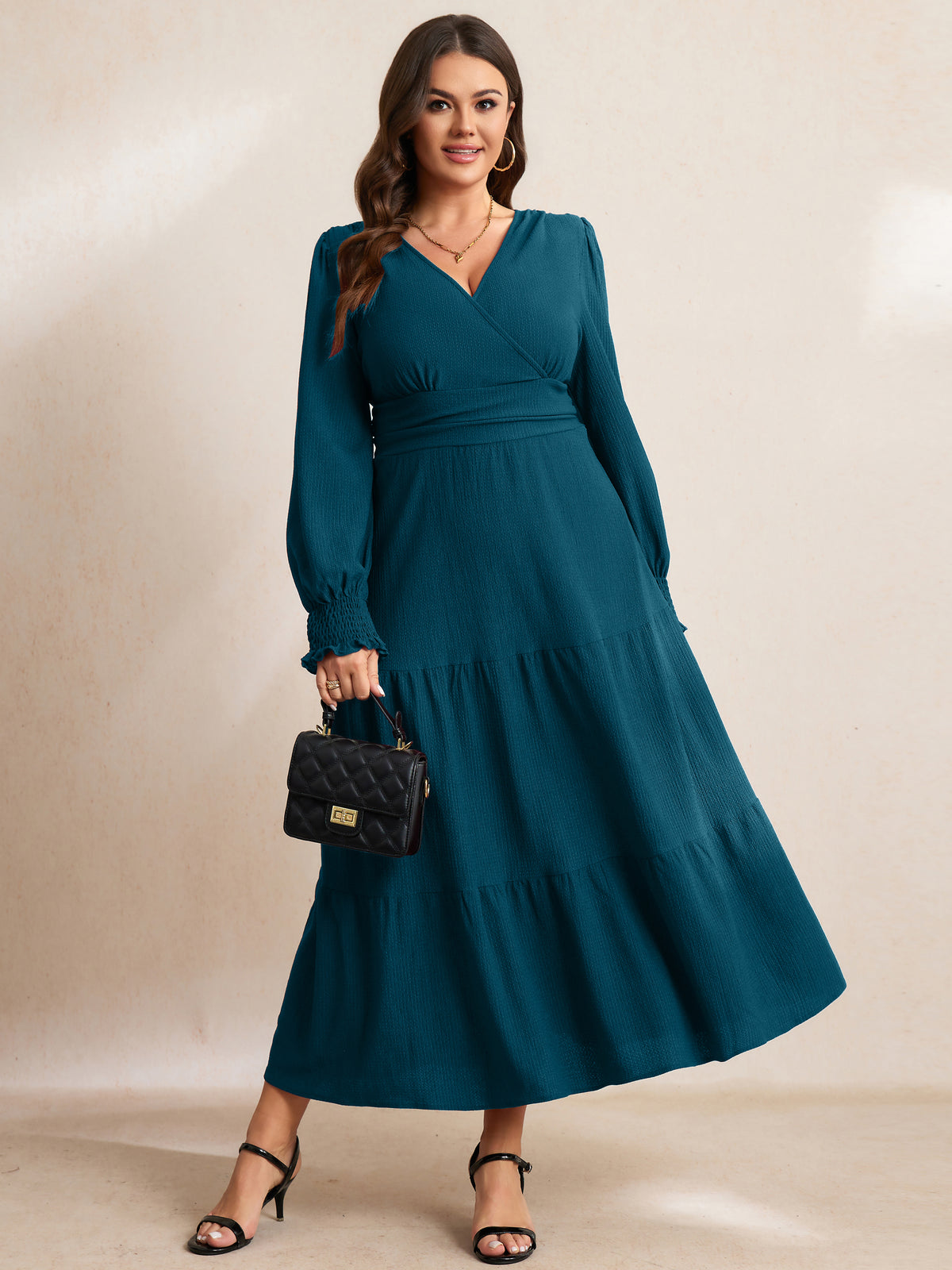 RWJ 6815 Lake Blue plus size wrap V-neck tiered maxi dress