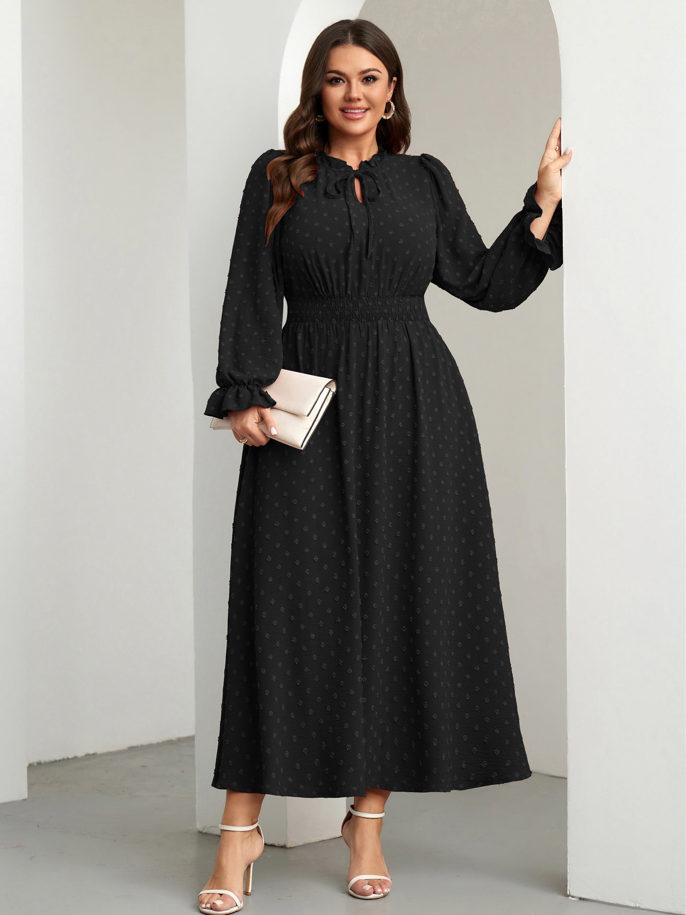 RWJ 6820 Black plus size Swiss-dot tie V-neck maxi dress