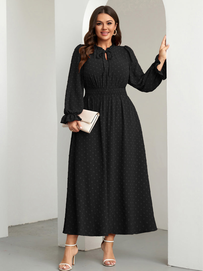 Plus Size Swiss-Dot Tie V-Neck Maxi Dress — Black