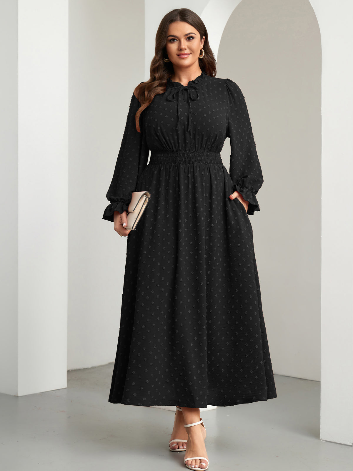 RWJ 6820 Black plus size Swiss-dot tie V-neck maxi dress