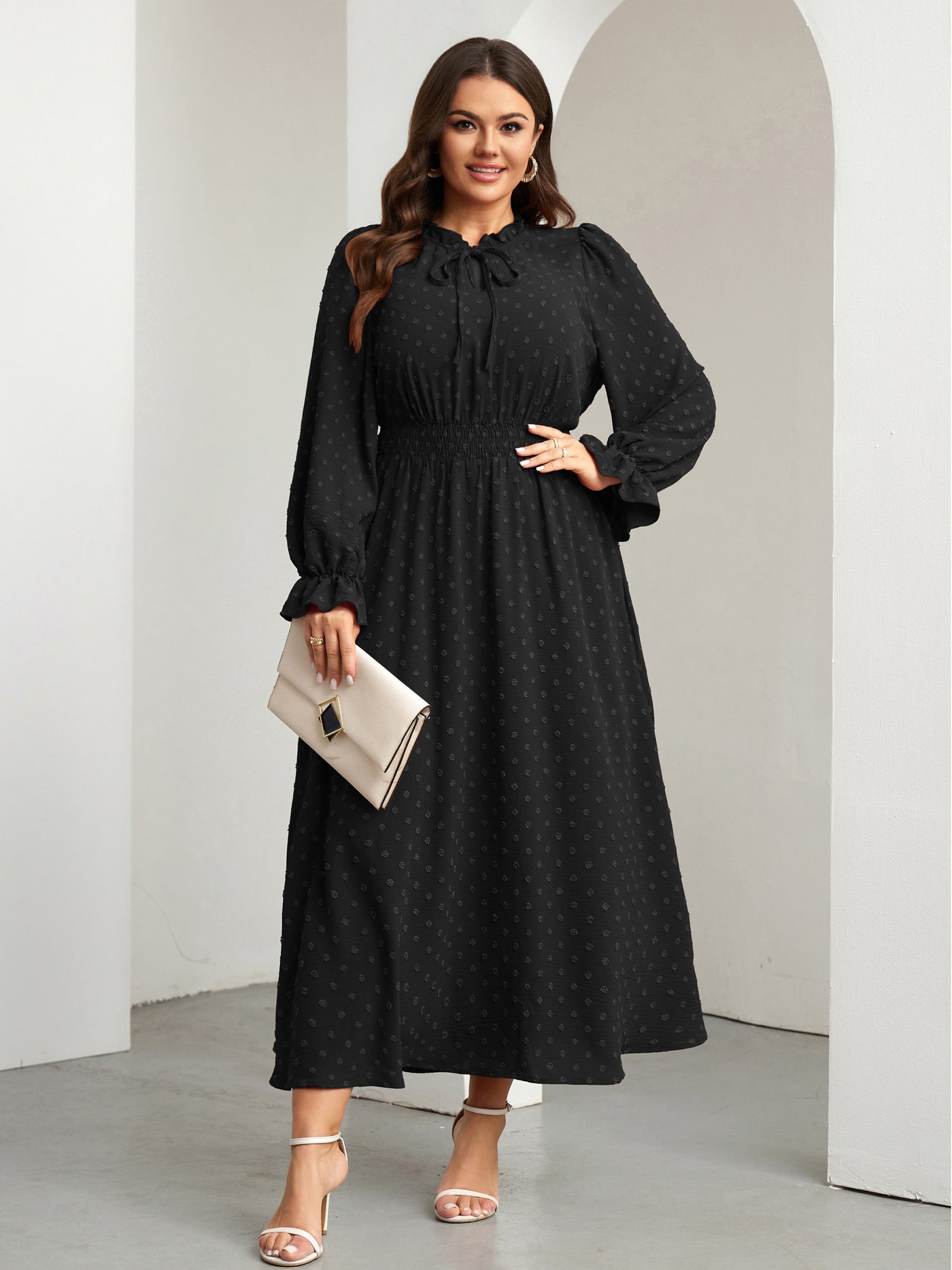 RWJ 6820 Black plus size Swiss-dot tie V-neck maxi dress