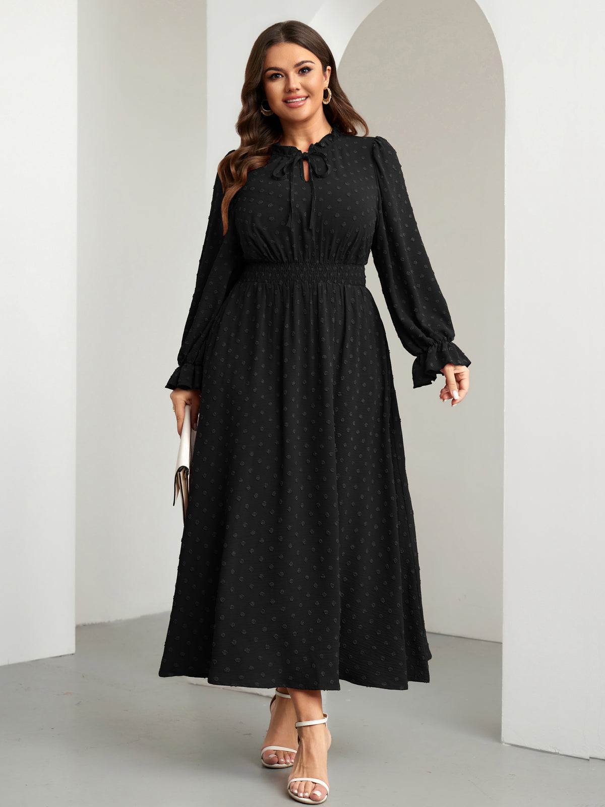 RWJ 6820 Black plus size Swiss-dot tie V-neck maxi dress
