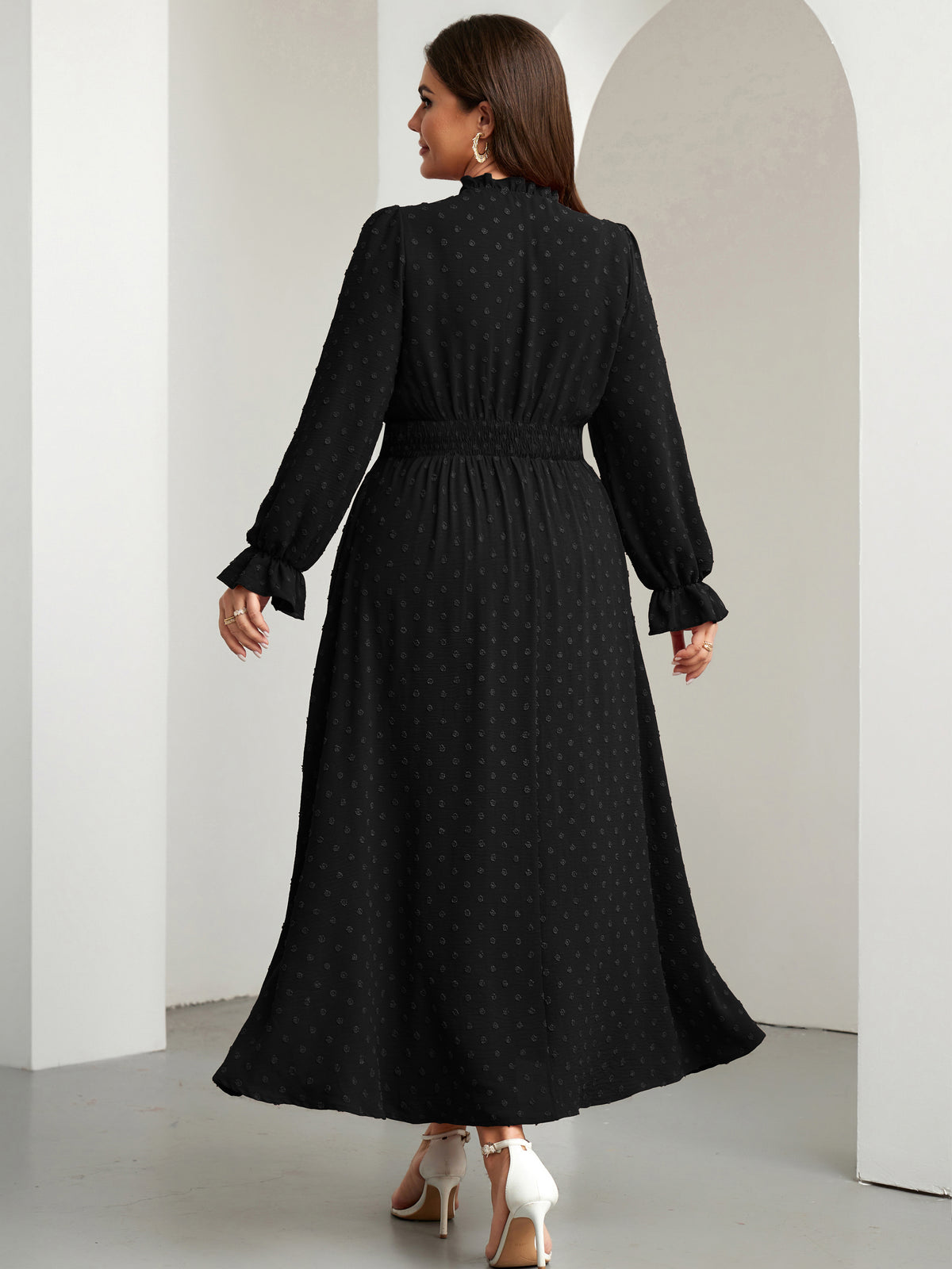RWJ 6820 Black plus size Swiss-dot tie V-neck maxi dress