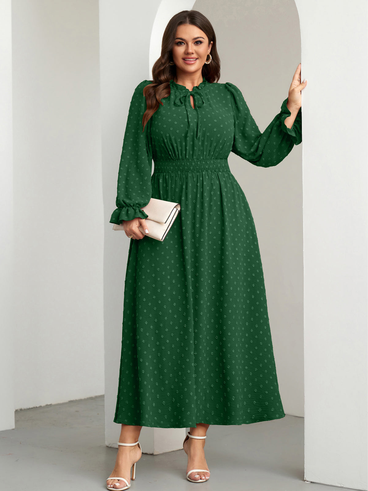 RWJ 6820 Dark Green plus size Swiss-dot tie V-neck maxi dress