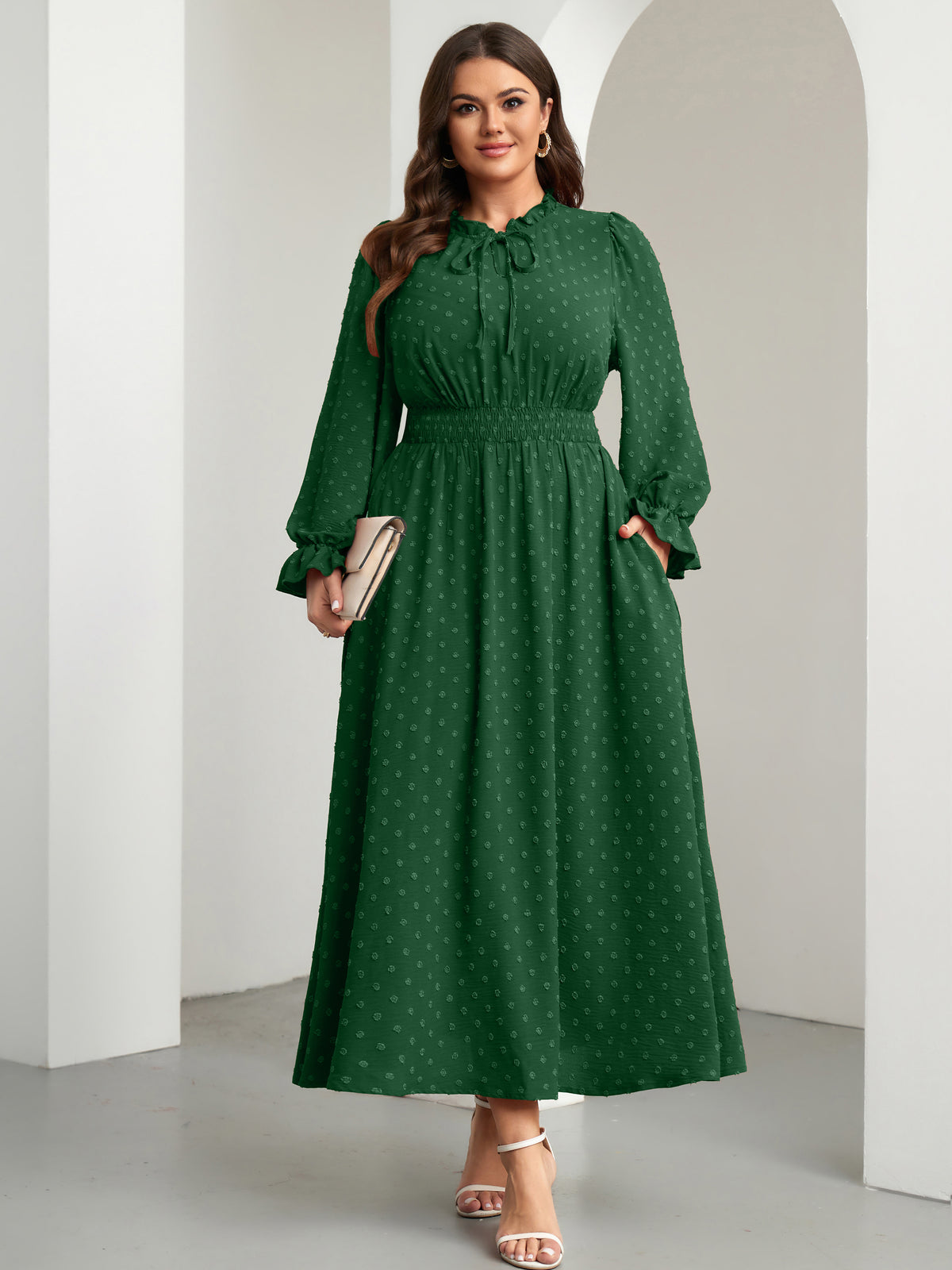 RWJ 6820 Dark Green plus size Swiss-dot tie V-neck maxi dress
