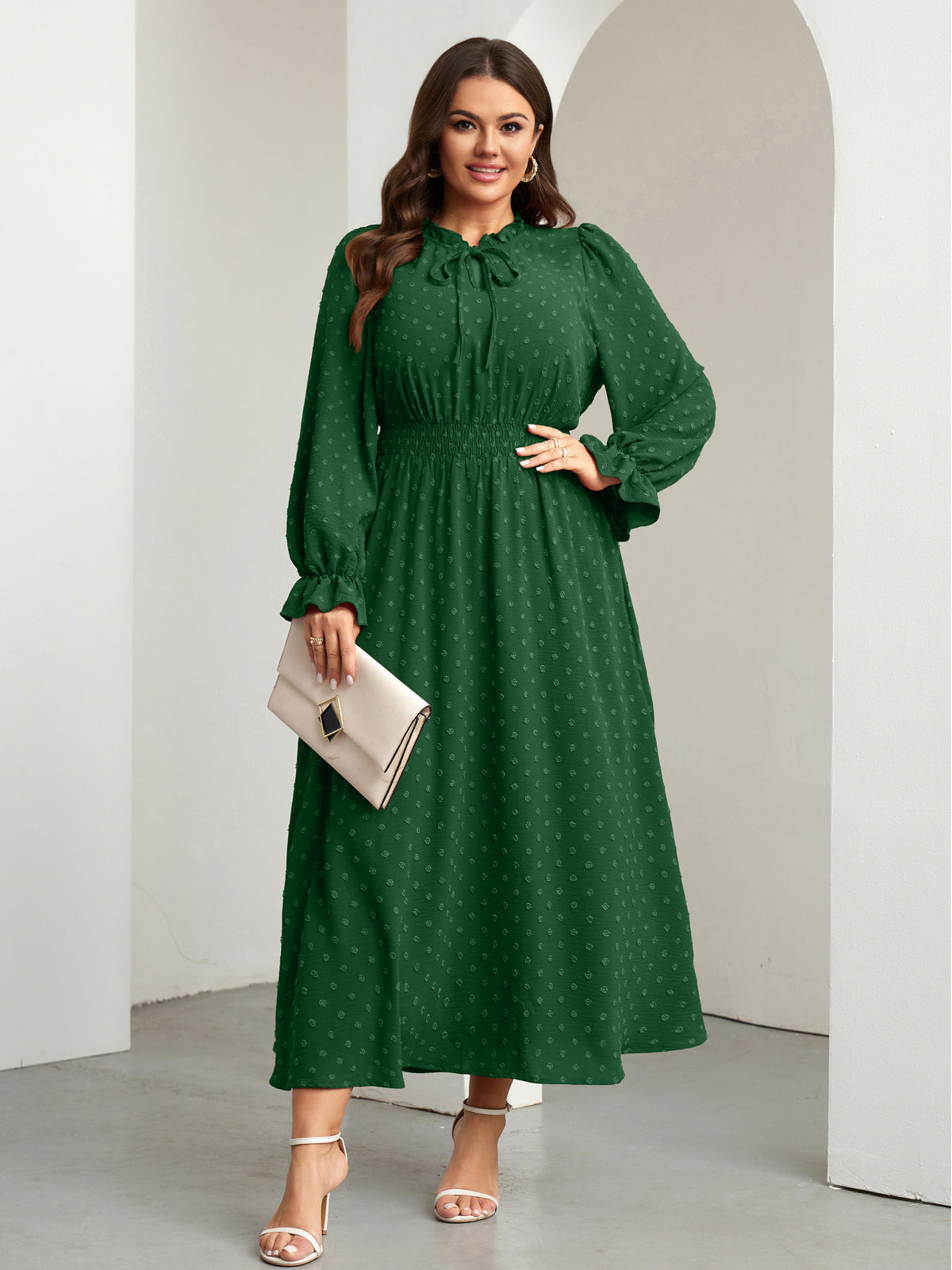 RWJ 6820 Dark Green plus size Swiss-dot tie V-neck maxi dress