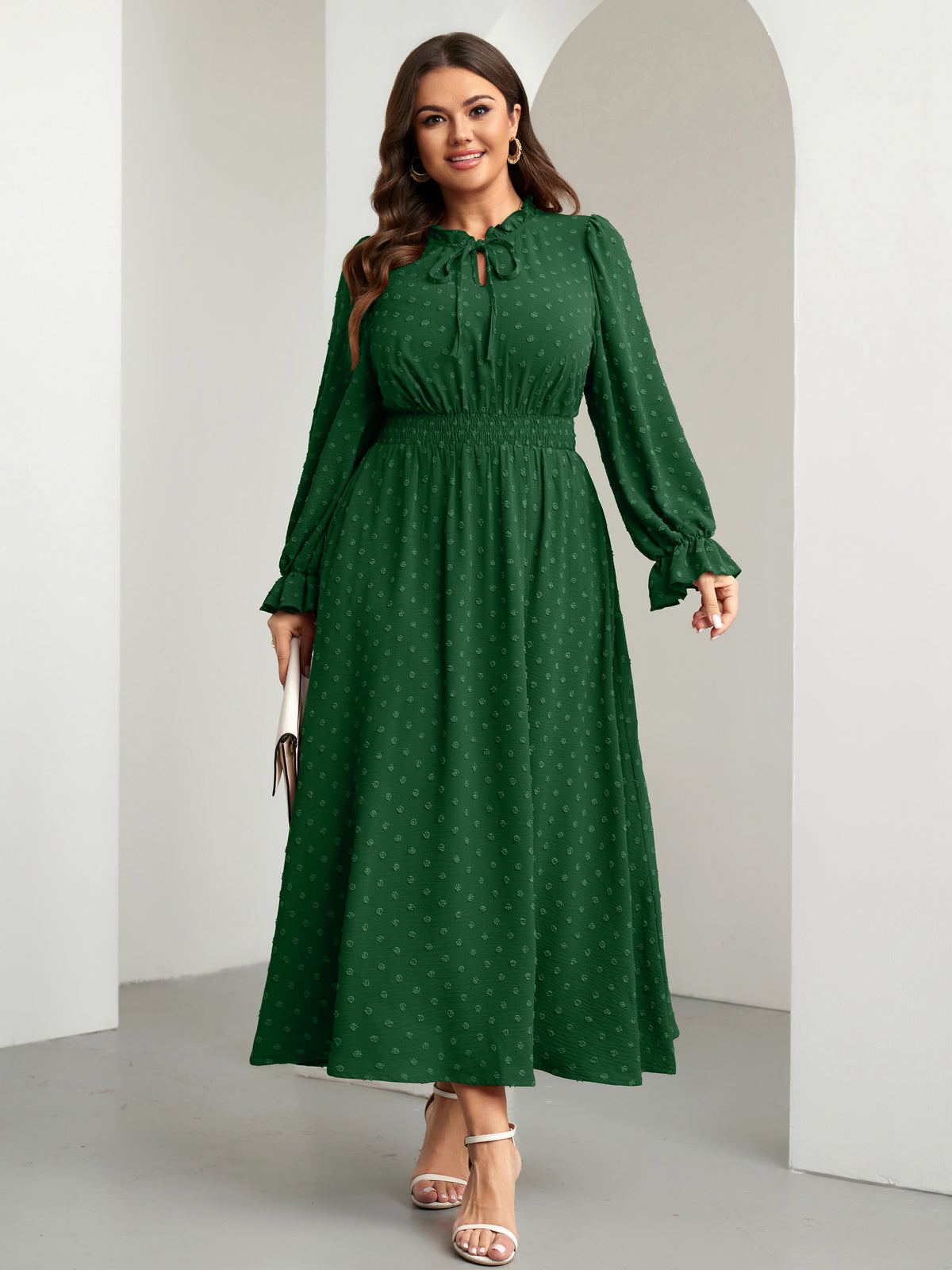 RWJ 6820 Dark Green plus size Swiss-dot tie V-neck maxi dress