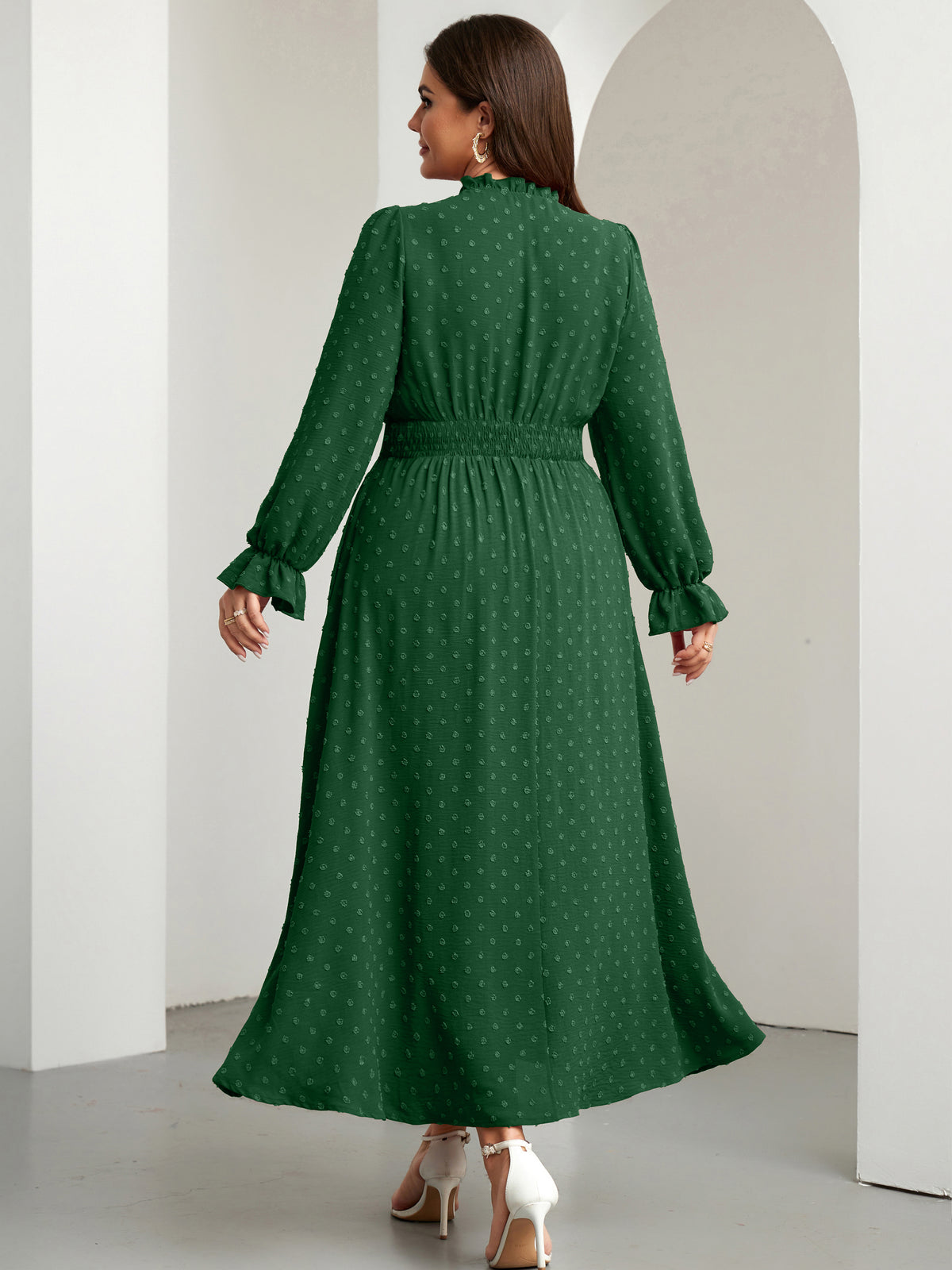 RWJ 6820 Dark Green plus size Swiss-dot tie V-neck maxi dress