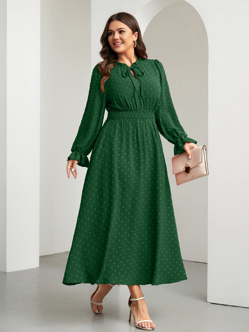 Plus Size Swiss-Dot Tie V-Neck Maxi Dress — Dark Green