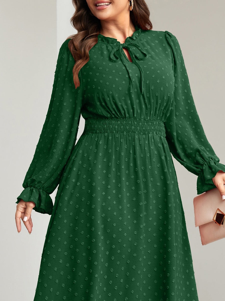 Plus Size Swiss-Dot Tie V-Neck Maxi Dress — Dark Green close-up detail