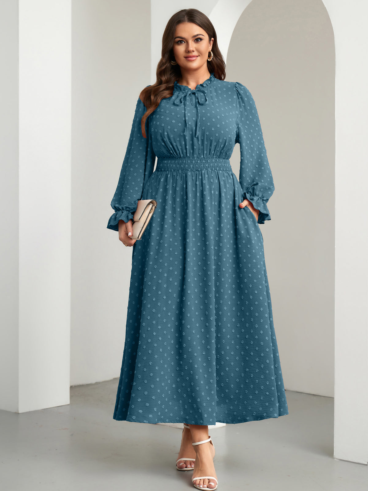 RWJ 6820 Dusty Blue plus size Swiss-dot tie V-neck maxi dress