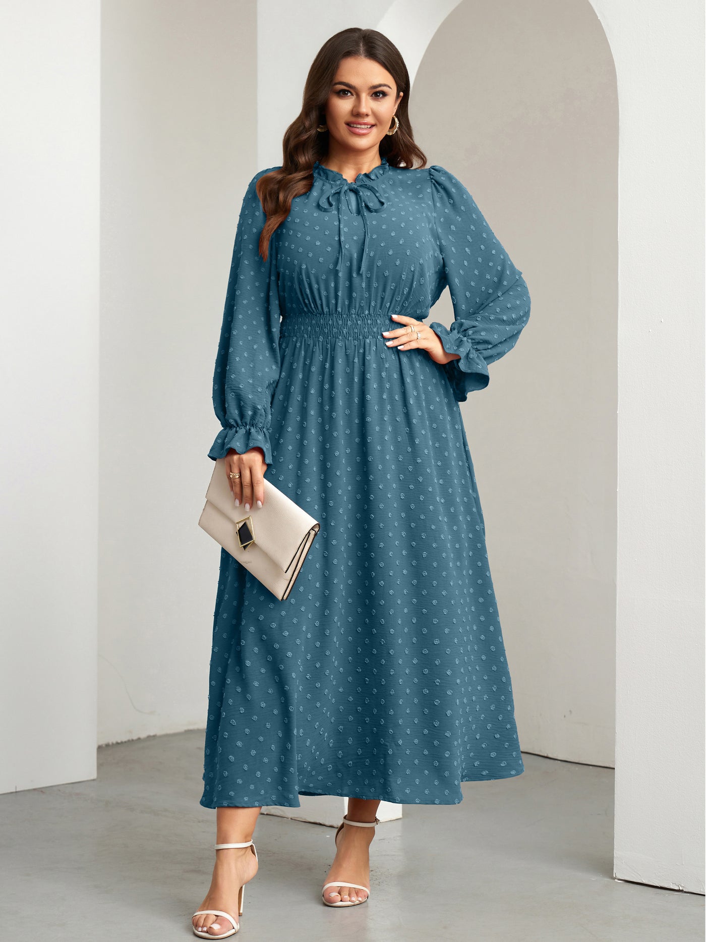 RWJ 6820 Dusty Blue plus size Swiss-dot tie V-neck maxi dress