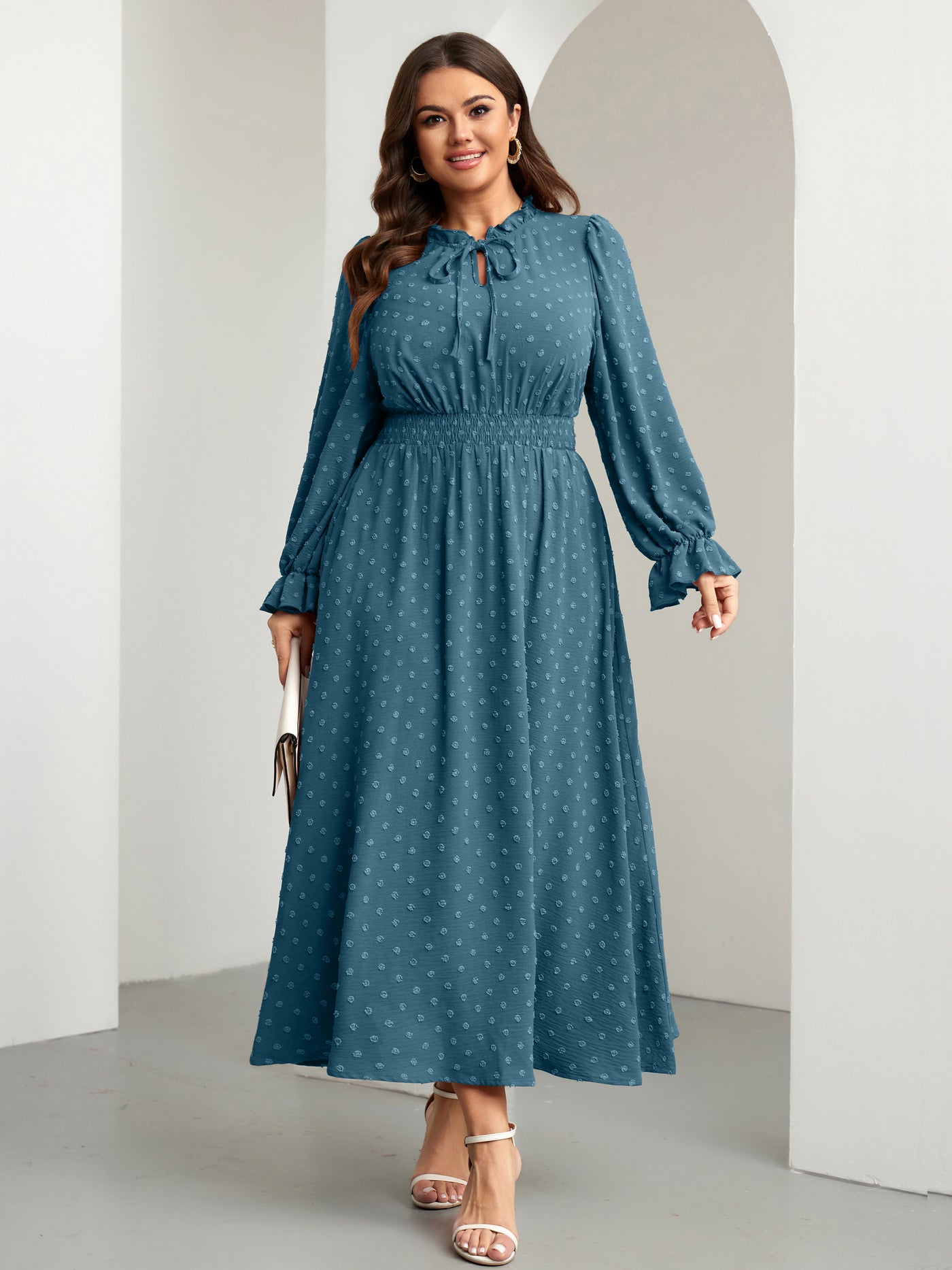 RWJ 6820 Dusty Blue plus size Swiss-dot tie V-neck maxi dress