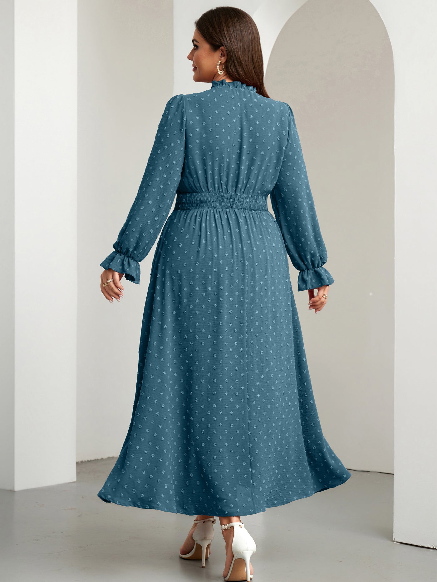 RWJ 6820 Dusty Blue plus size Swiss-dot tie V-neck maxi dress