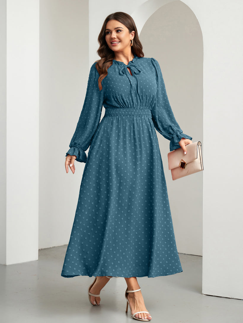 Plus Size Swiss-Dot Tie V-Neck Maxi Dress — Dusty Blue