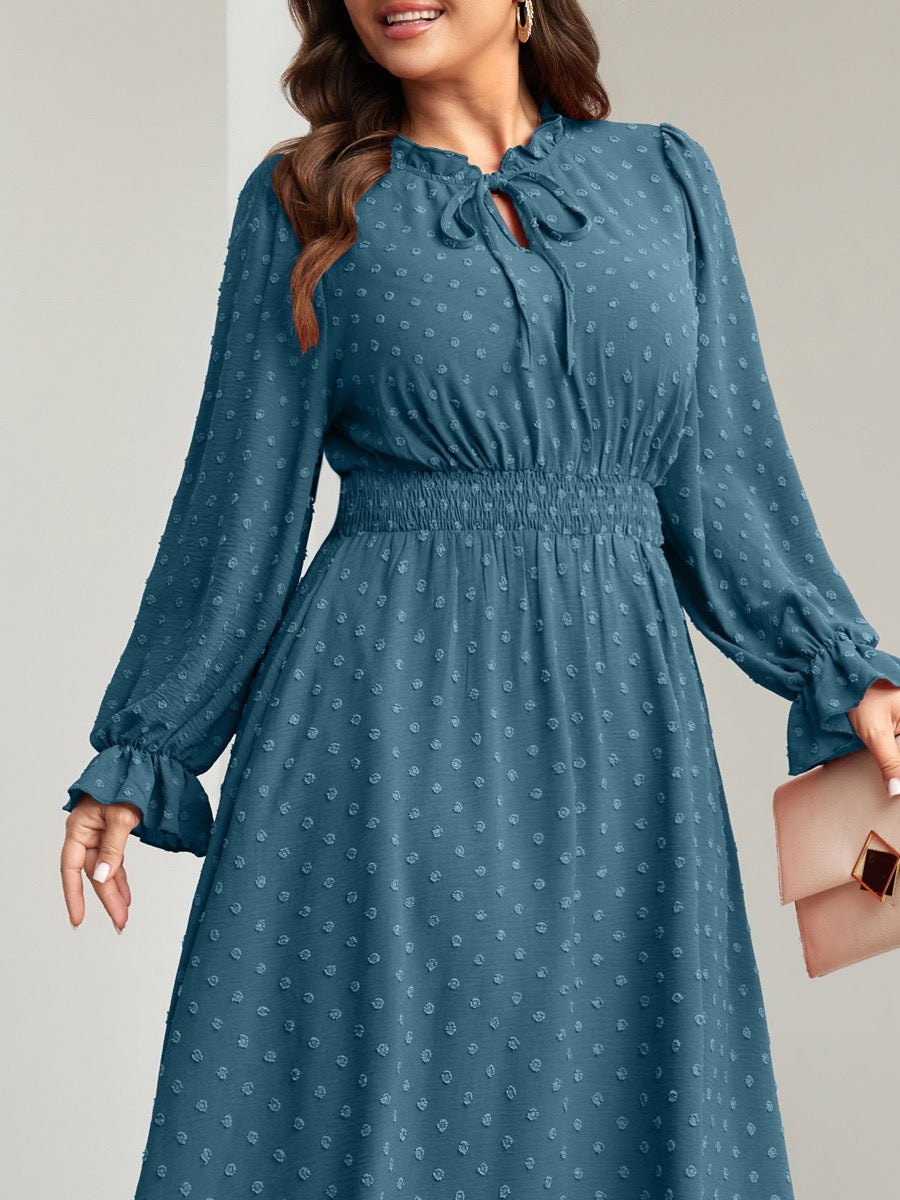 Plus Size Swiss-Dot Tie V-Neck Maxi Dress — Dusty Blue close-up detail