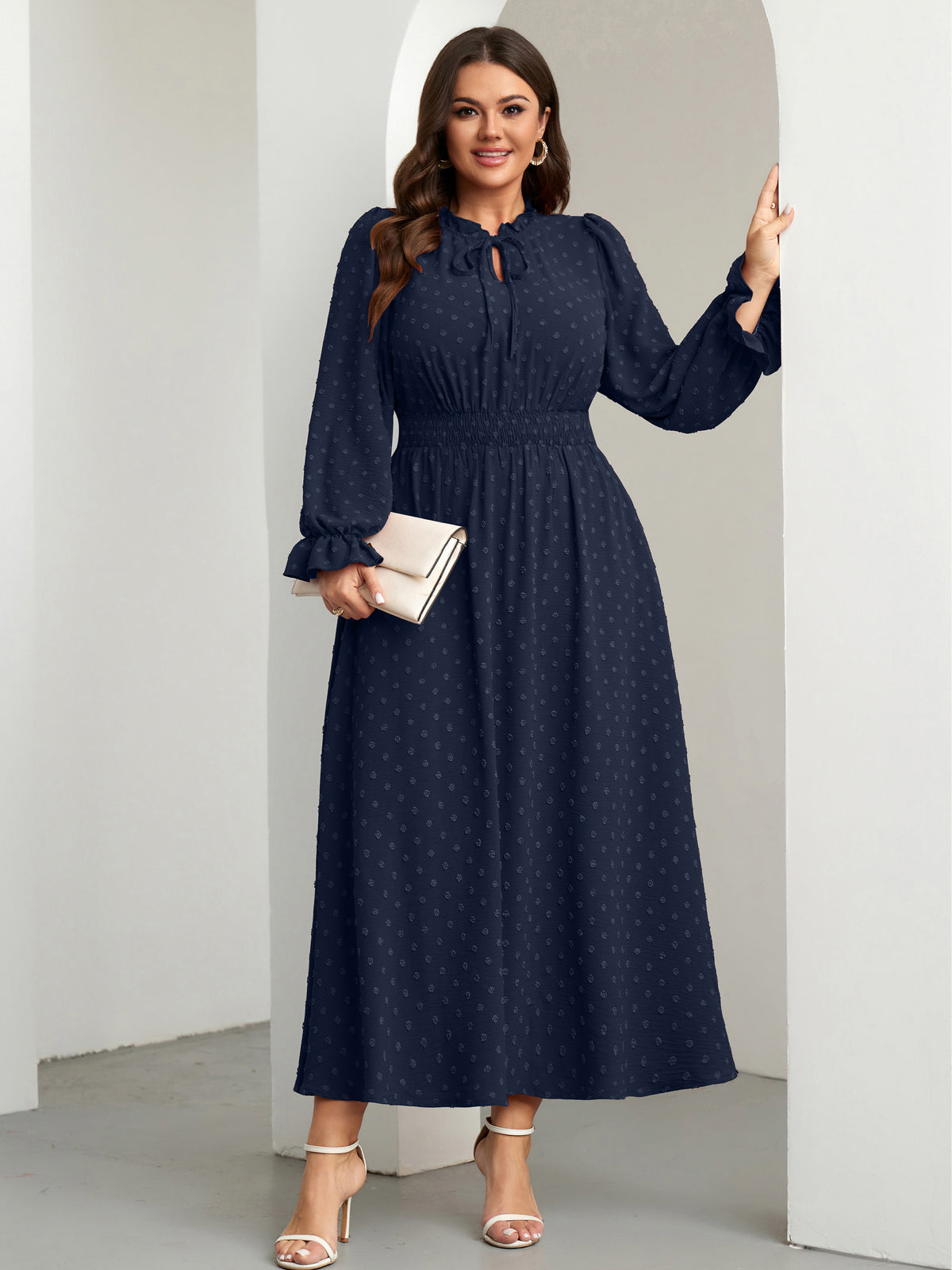 RWJ 6820 Navy Blue plus size Swiss-dot tie V-neck maxi dress