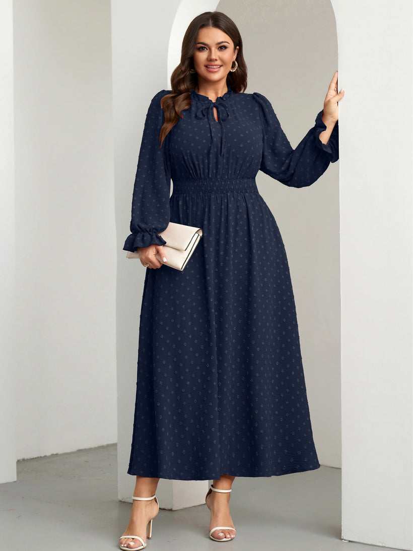 Plus Size Swiss-Dot Tie V-Neck Maxi Dress — Navy Blue