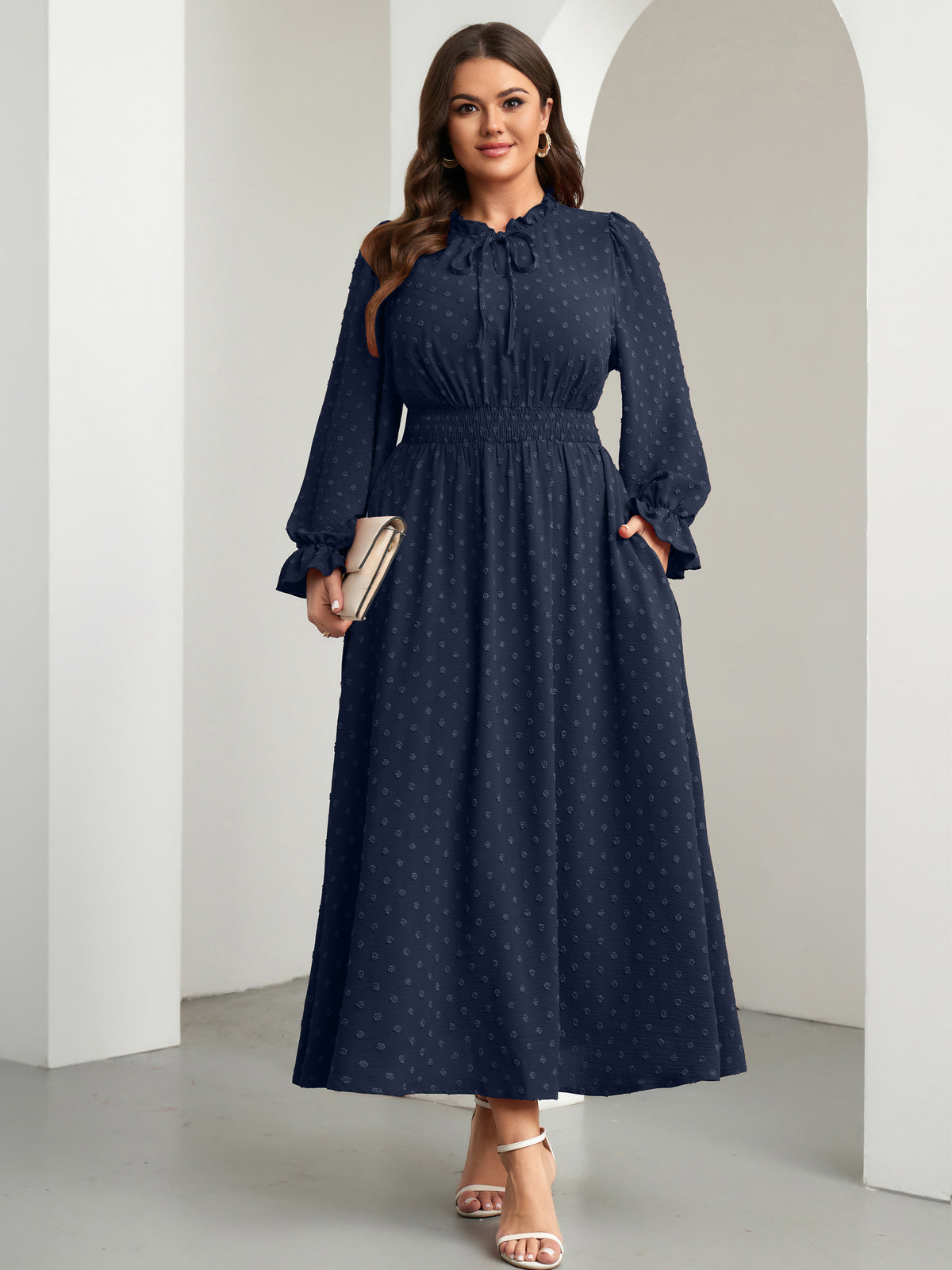 RWJ 6820 Navy Blue plus size Swiss-dot tie V-neck maxi dress