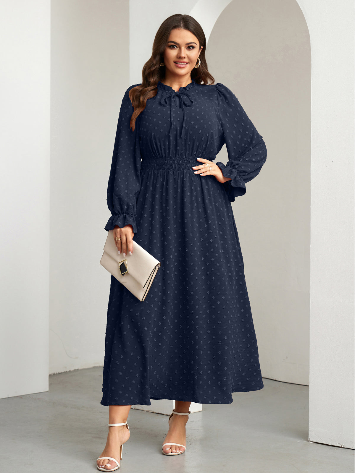 RWJ 6820 Navy Blue plus size Swiss-dot tie V-neck maxi dress