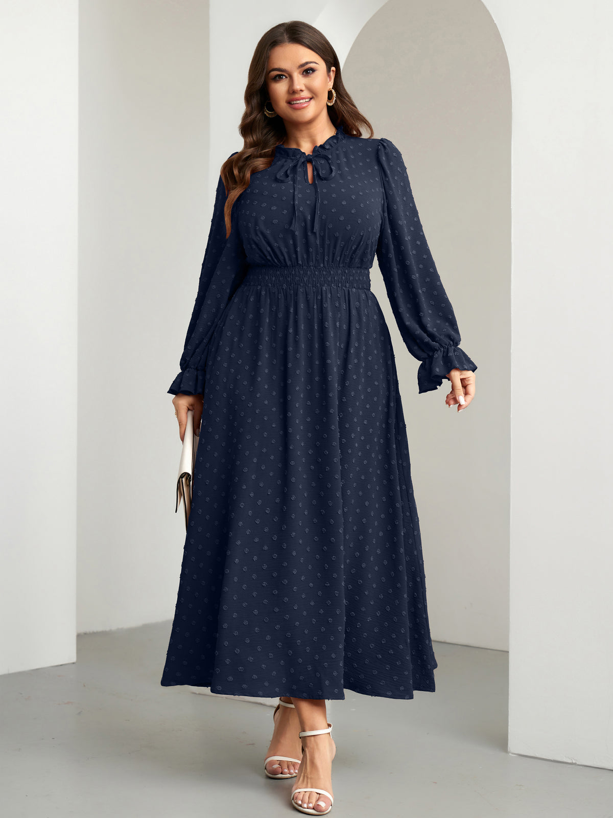 RWJ 6820 Navy Blue plus size Swiss-dot tie V-neck maxi dress