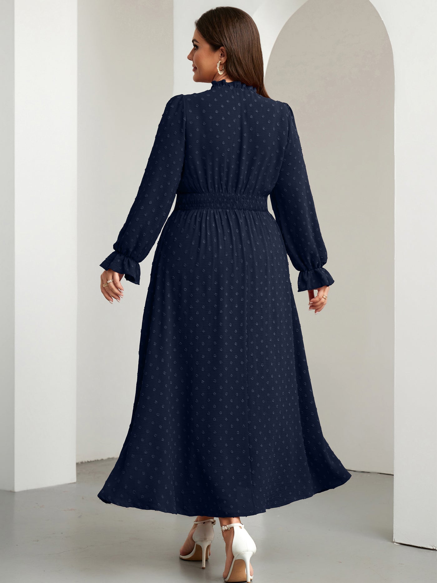 RWJ 6820 Navy Blue plus size Swiss-dot tie V-neck maxi dress