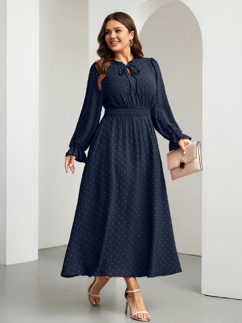Plus Size Swiss-Dot Tie V-Neck Maxi Dress — Navy Blue