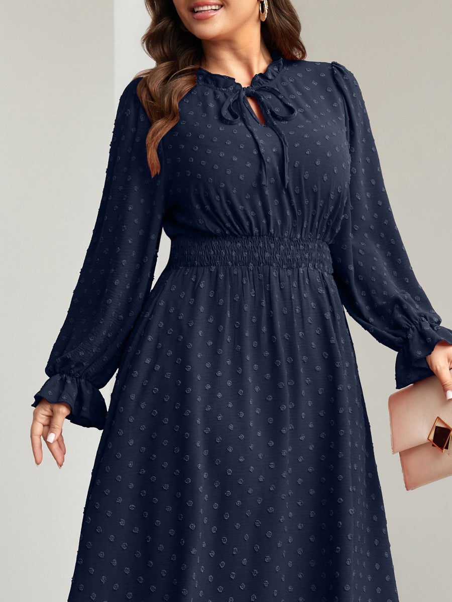 Plus Size Swiss-Dot Tie V-Neck Maxi Dress — Navy Blue close-up detail