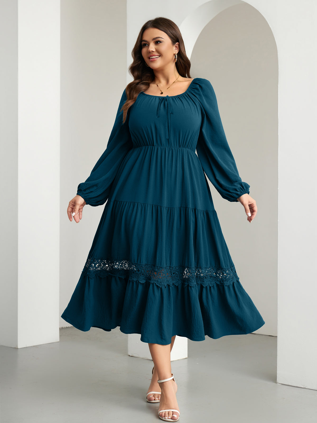 RWJ 6821 Lake Blue plus size tie-front square-neck maxi dress
