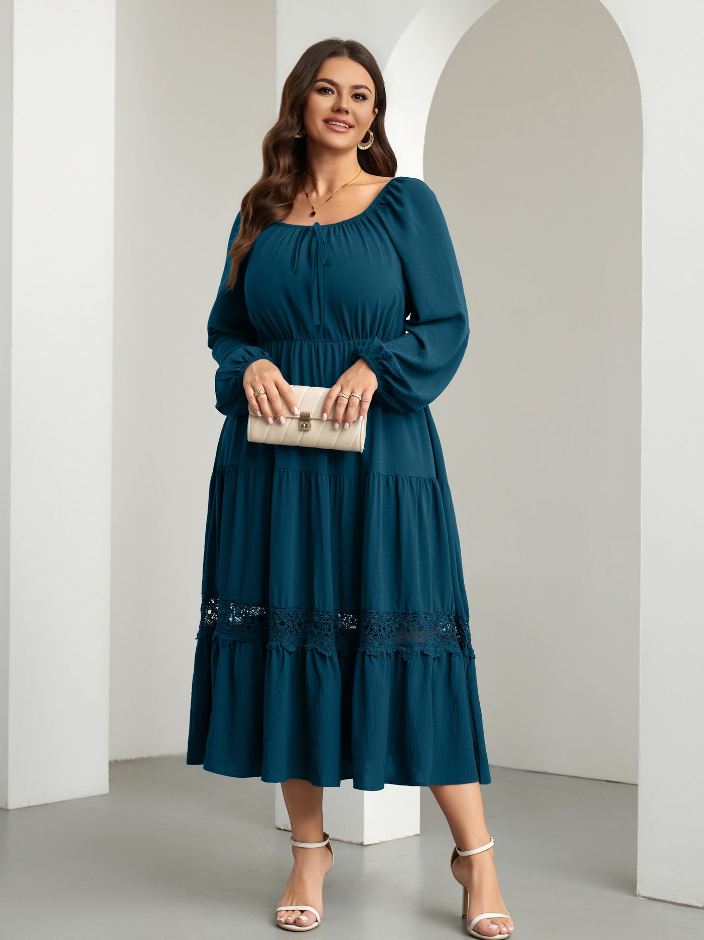 RWJ 6821 Lake Blue plus size tie-front square-neck maxi dress