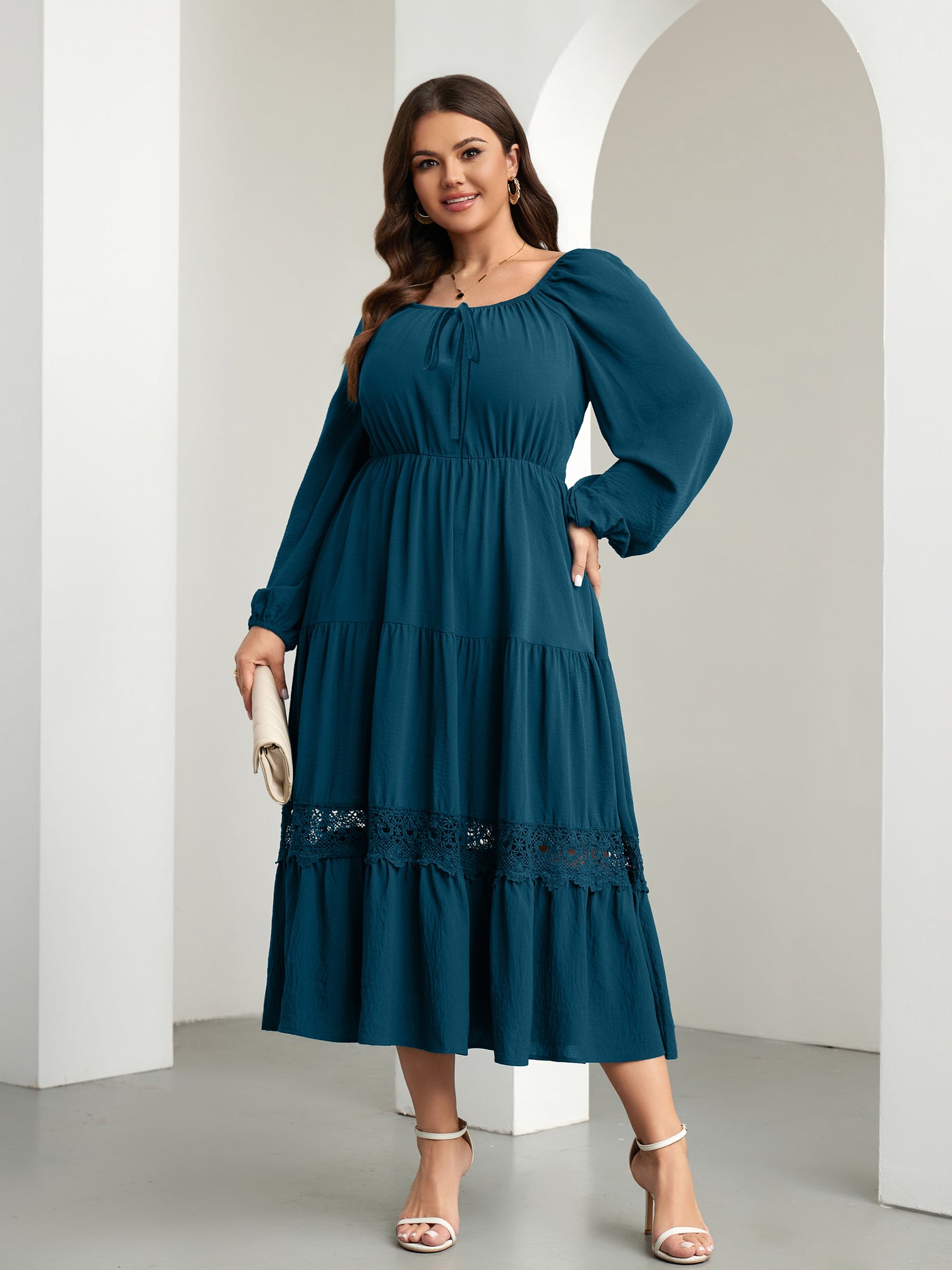 RWJ 6821 Lake Blue plus size tie-front square-neck maxi dress