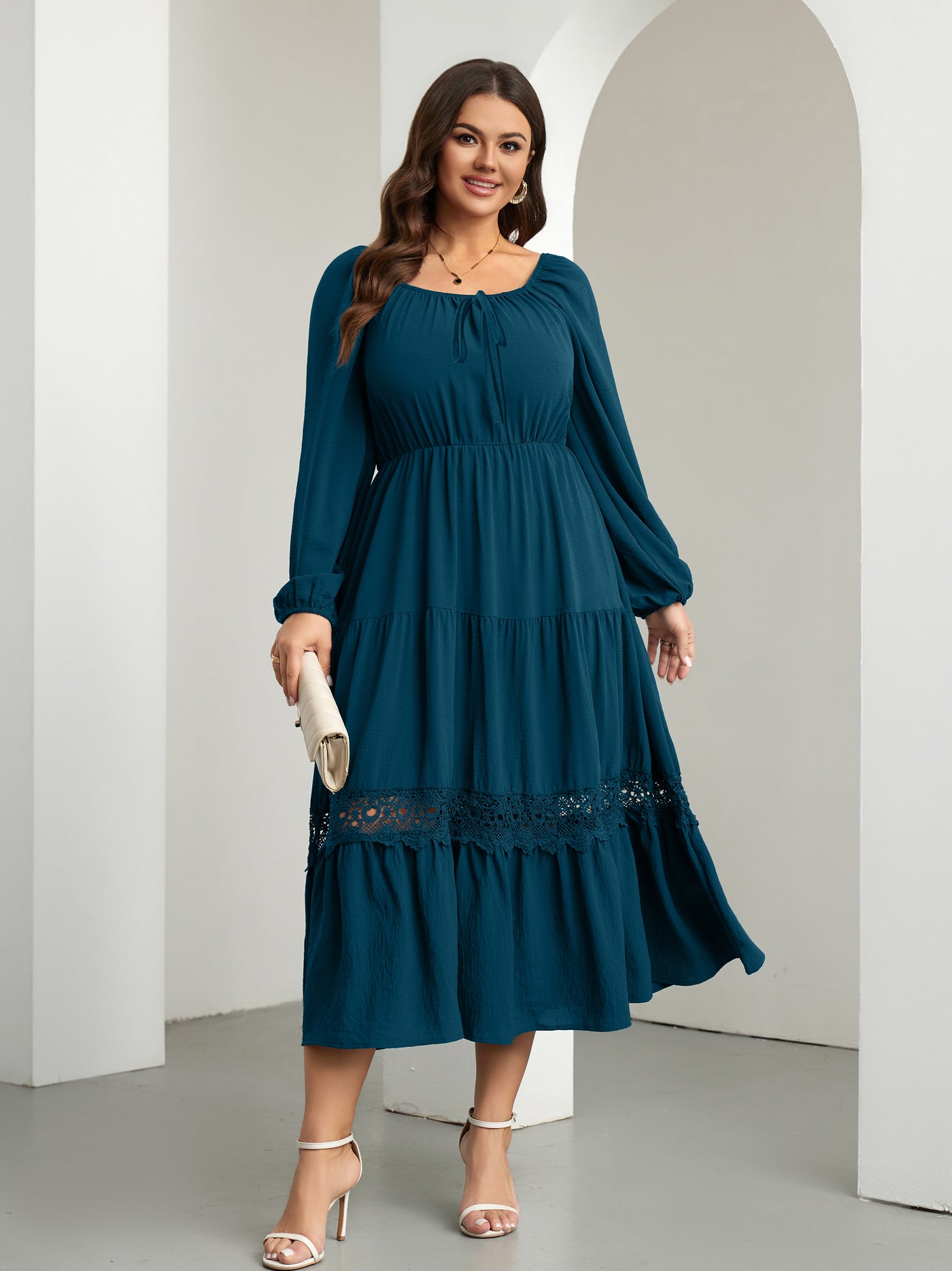 RWJ 6821 Lake Blue plus size tie-front square-neck maxi dress