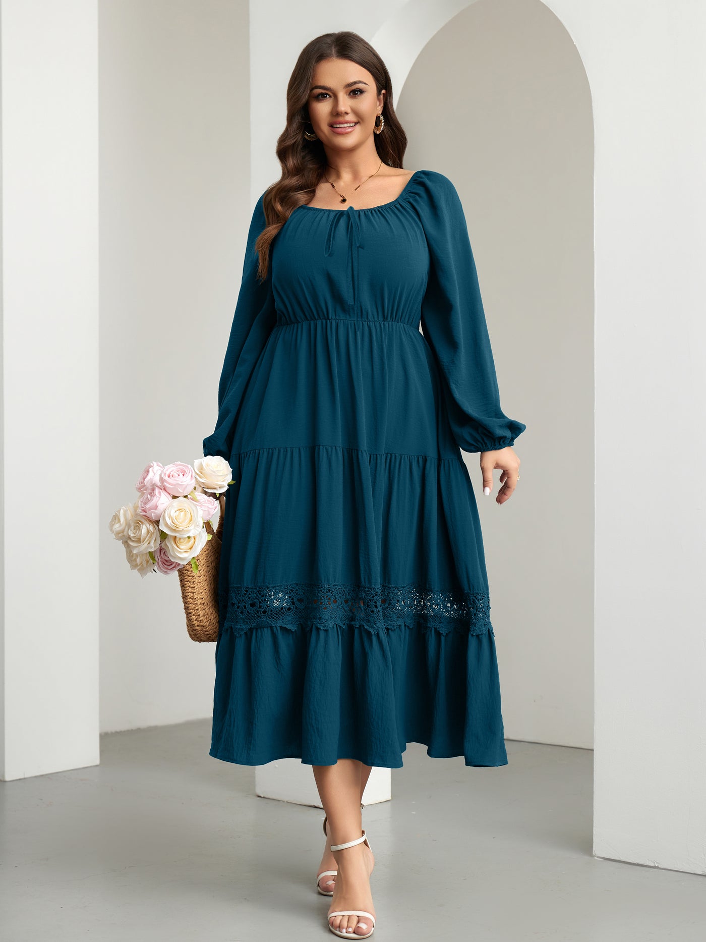 RWJ 6821 Lake Blue plus size tie-front square-neck maxi dress