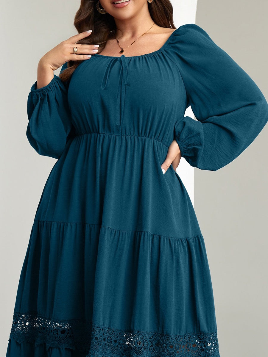 Plus Size Tie-Front Square-Neck Maxi Dress — Lake Blue close-up detail