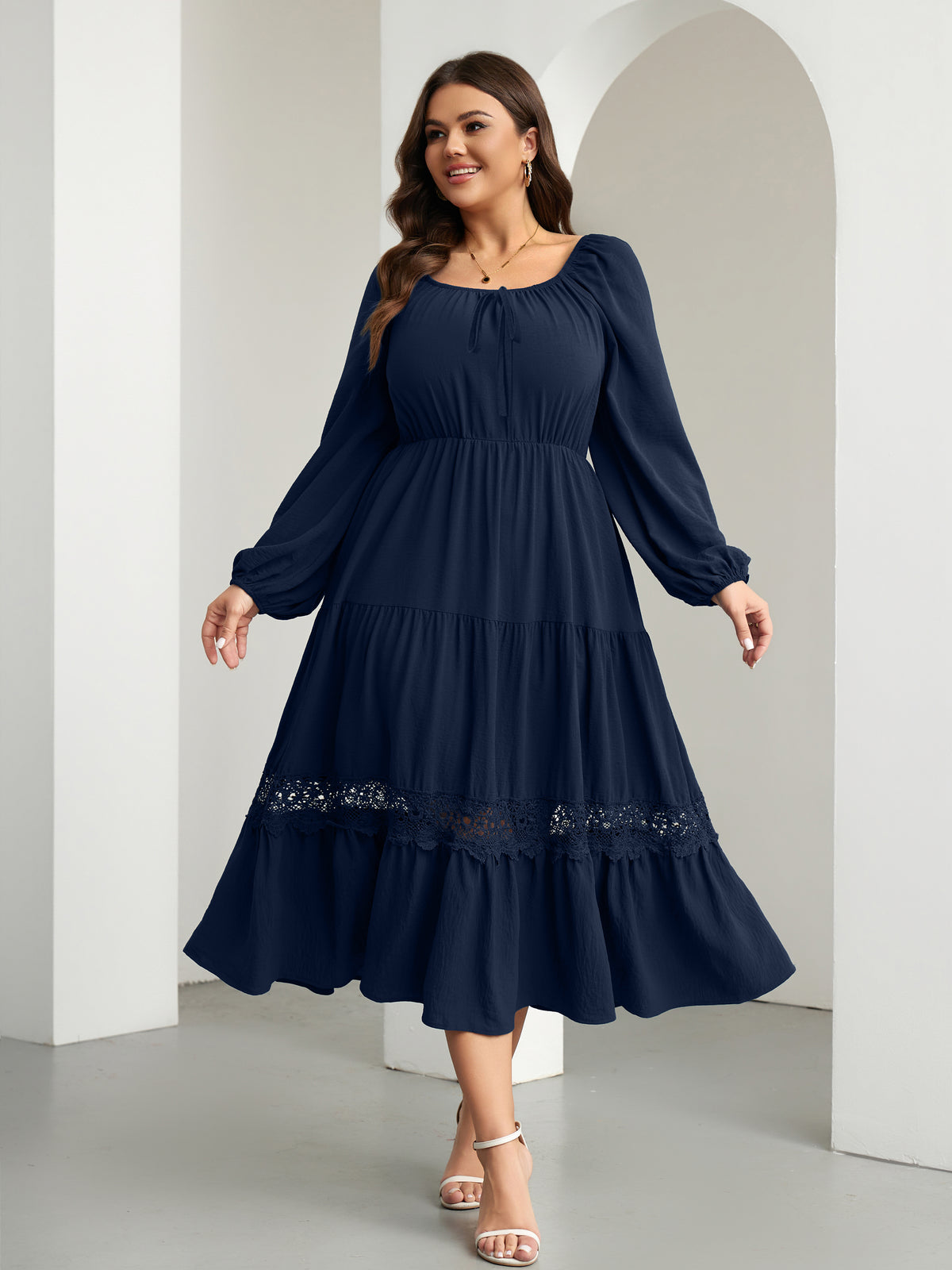 RWJ 6821 Navy Blue plus size tie-front square-neck maxi dress