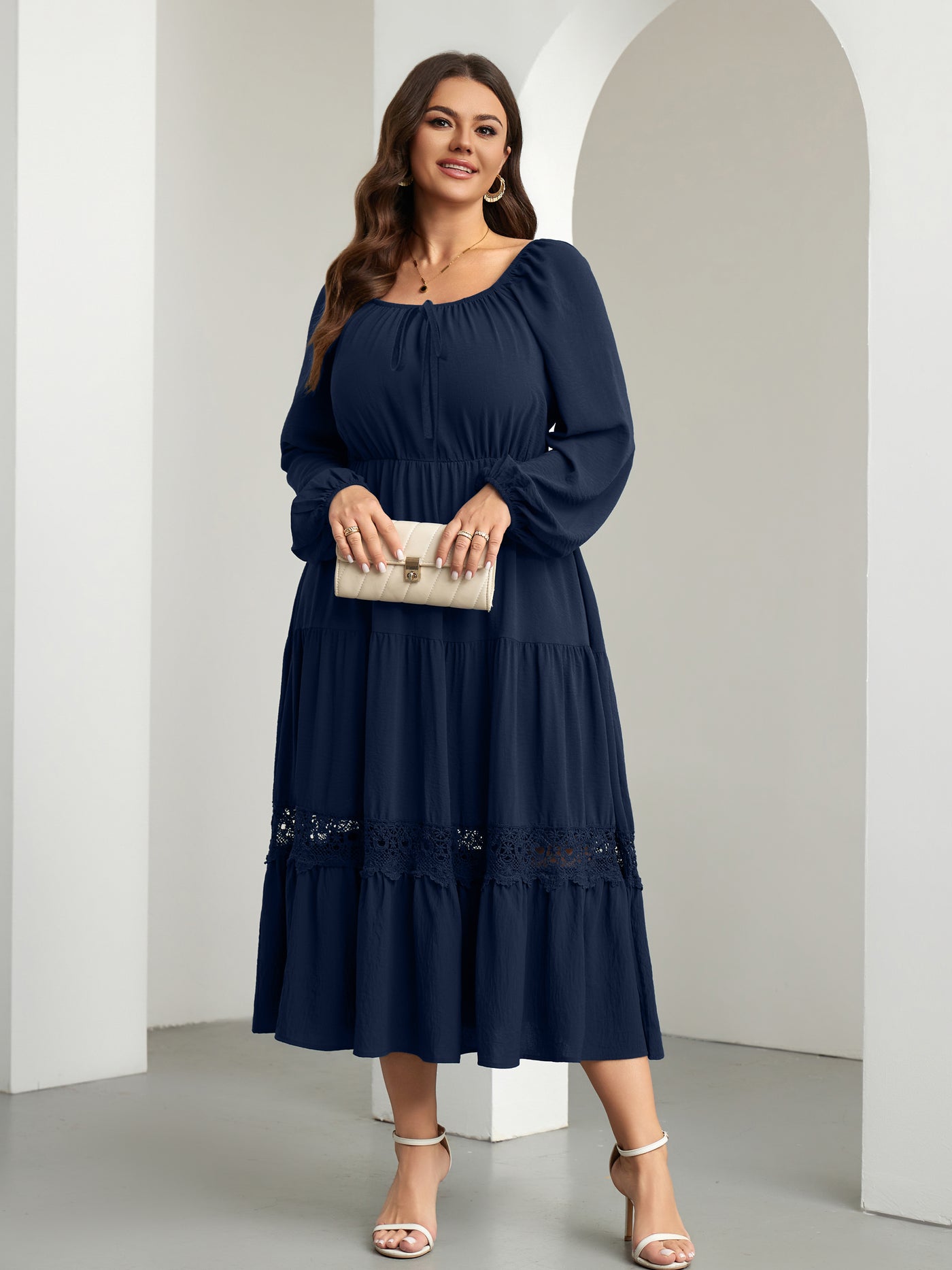 RWJ 6821 Navy Blue plus size tie-front square-neck maxi dress