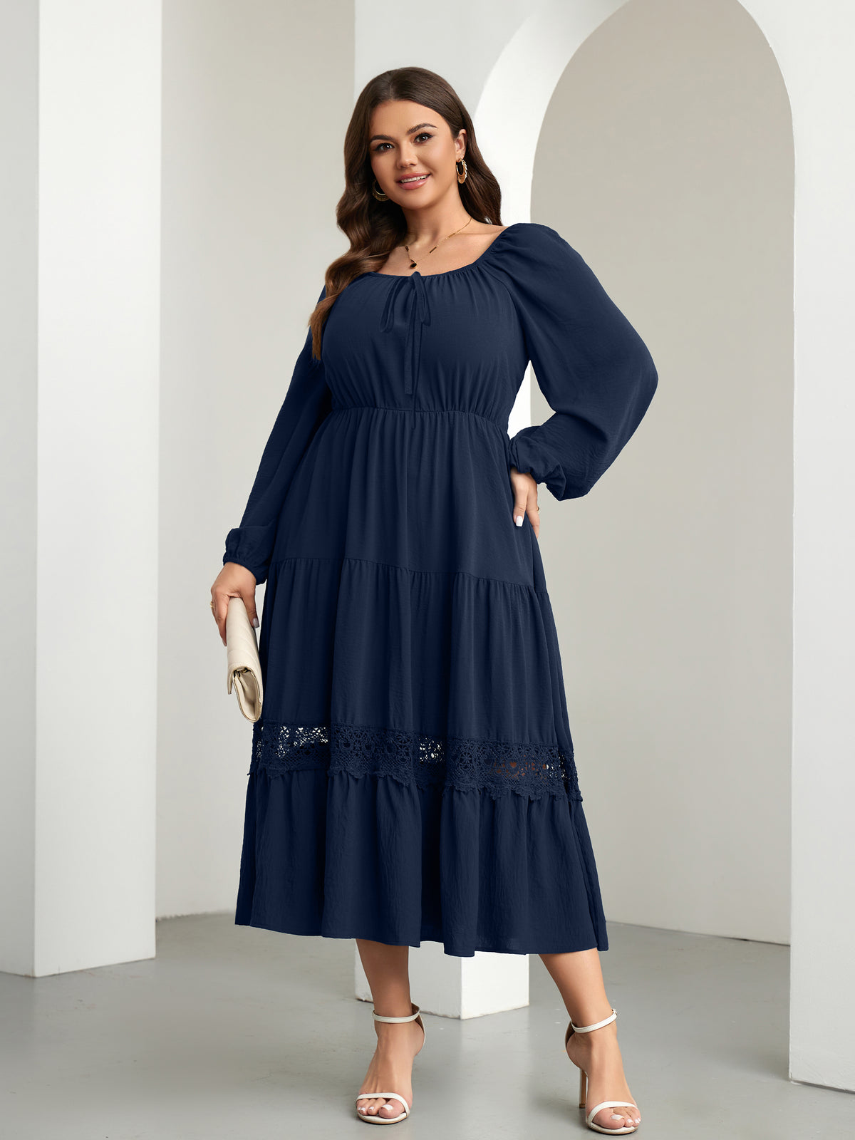 RWJ 6821 Navy Blue plus size tie-front square-neck maxi dress