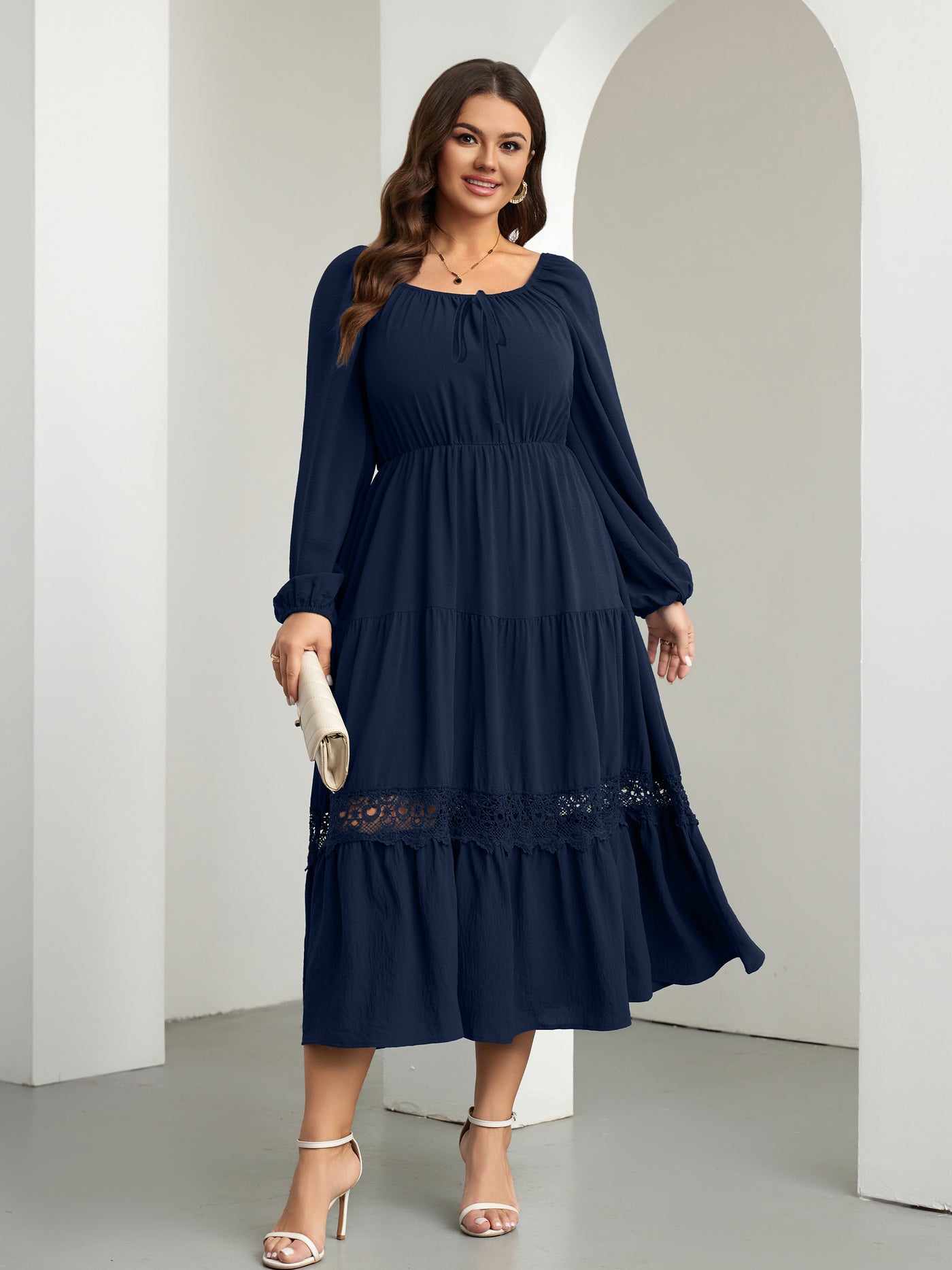RWJ 6821 Navy Blue plus size tie-front square-neck maxi dress