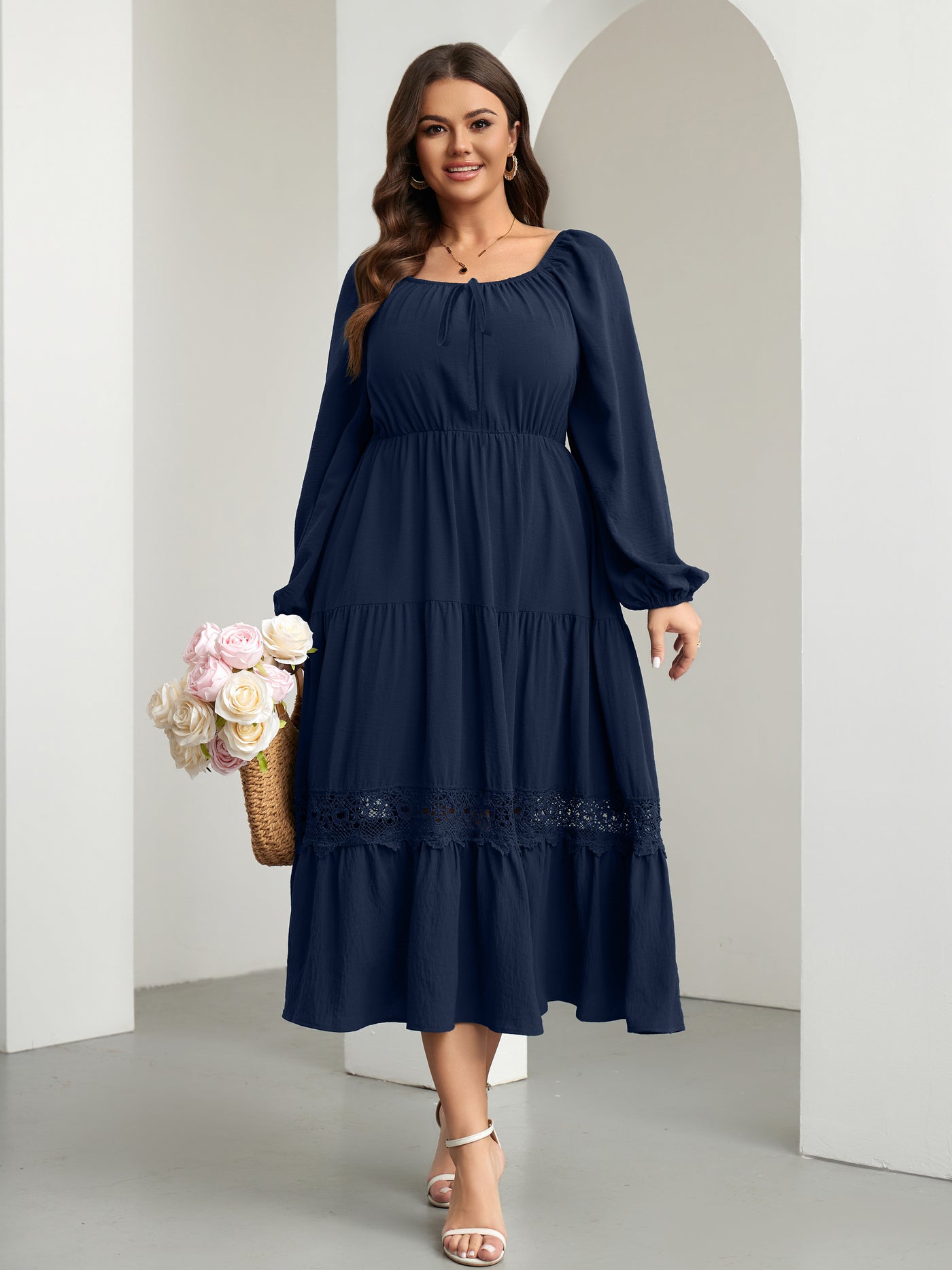 RWJ 6821 Navy Blue plus size tie-front square-neck maxi dress