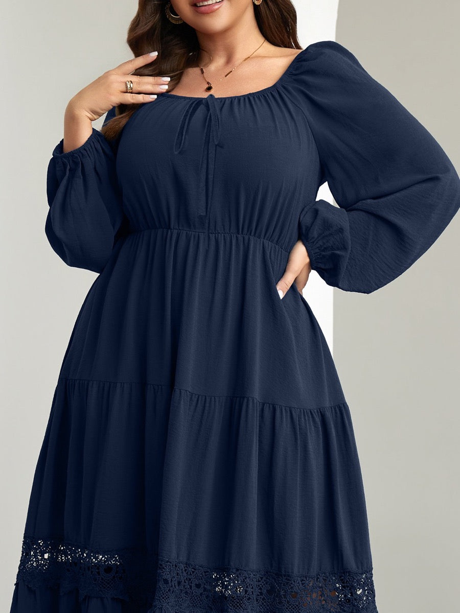 Plus Size Tie-Front Square-Neck Maxi Dress — Navy Blue close-up detail