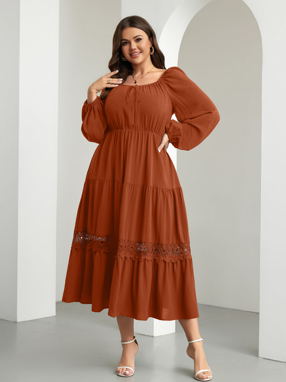 RWJ 6821 Rust Brown plus size tie-front square-neck maxi dress