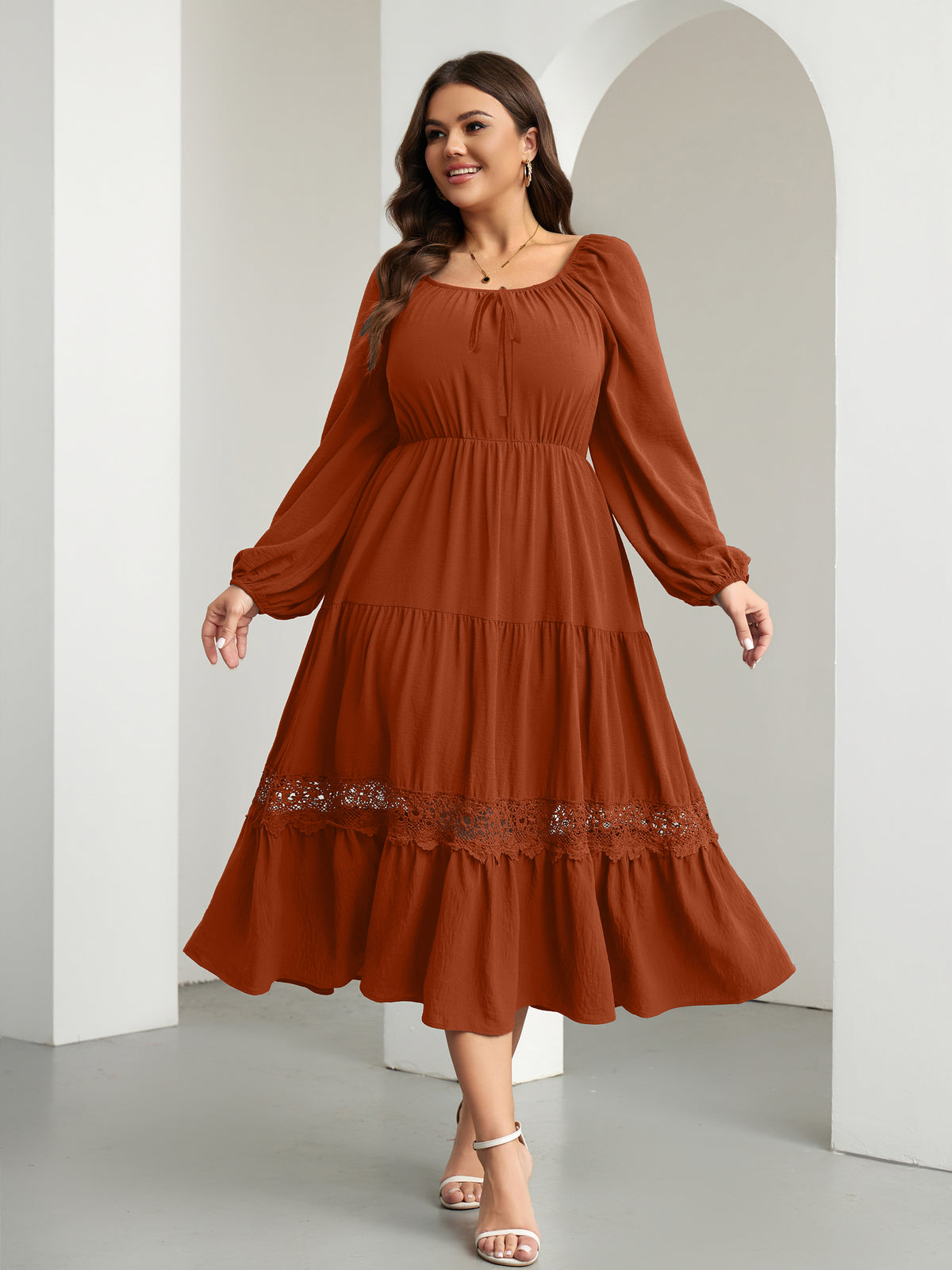 RWJ 6821 Rust Brown plus size tie-front square-neck maxi dress