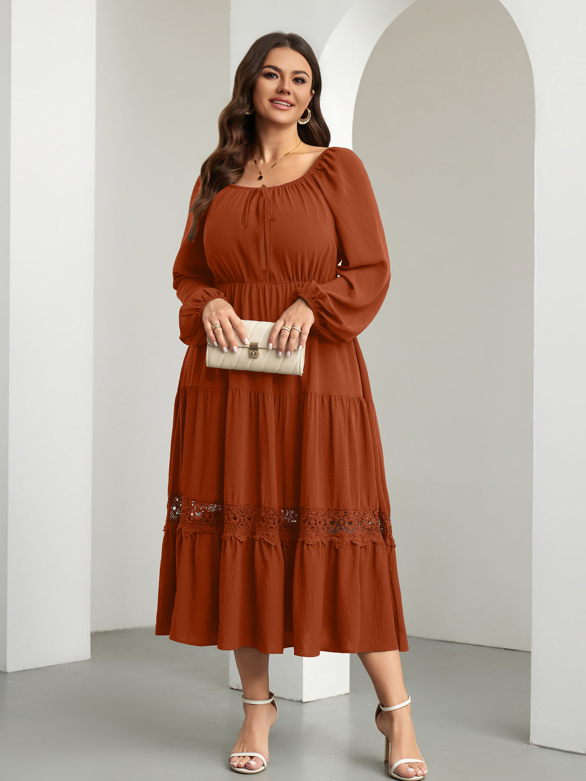 RWJ 6821 Rust Brown plus size tie-front square-neck maxi dress