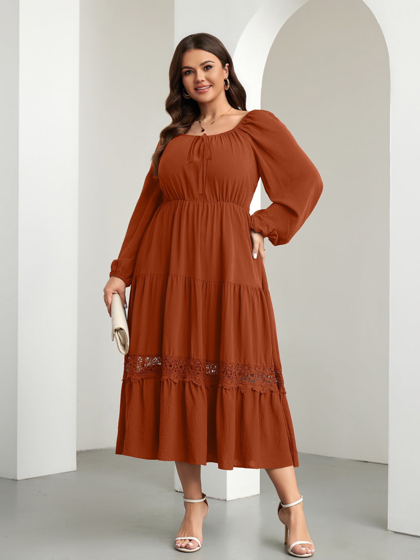RWJ 6821 Rust Brown plus size tie-front square-neck maxi dress