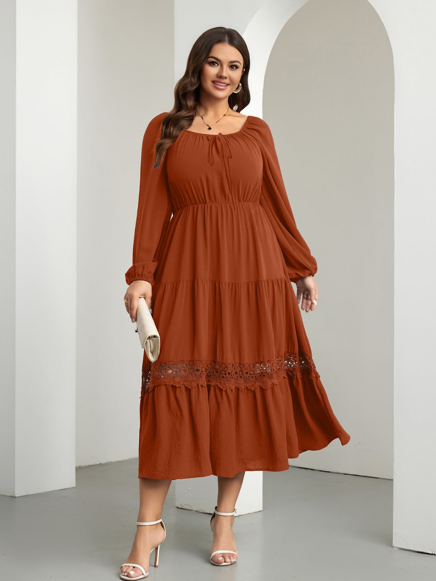 RWJ 6821 Rust Brown plus size tie-front square-neck maxi dress