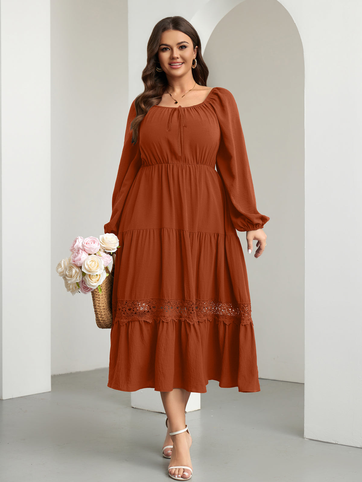 Plus Size Tie-Front Square-Neck Maxi Dress — Rust Brown
