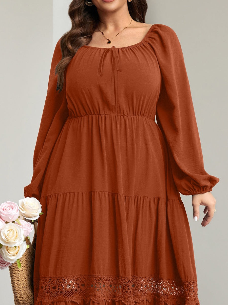 Plus Size Tie-Front Square-Neck Maxi Dress — Rust Brown close-up detail