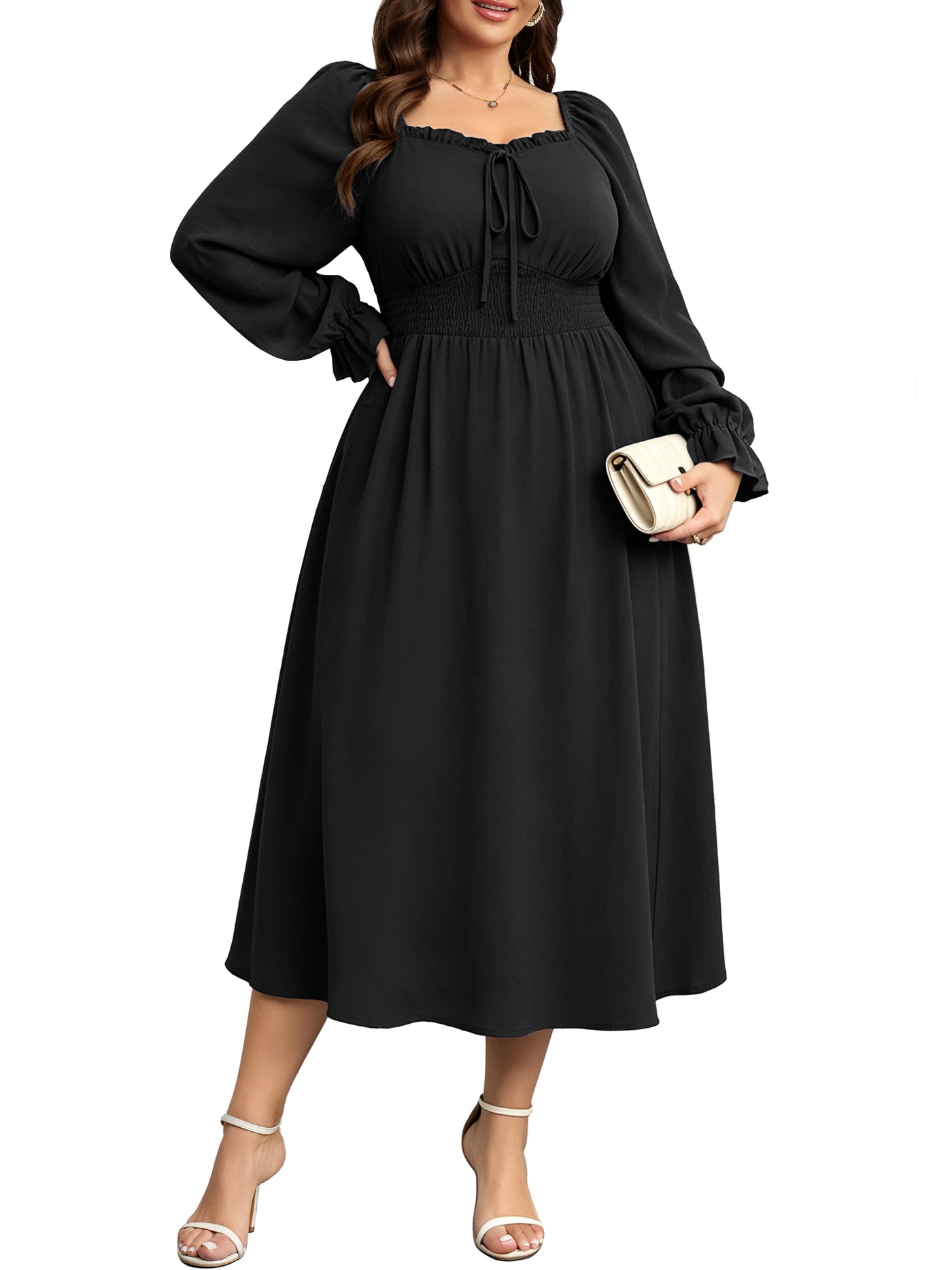 RWJ 6824 Black square-neck side-slit maxi dress