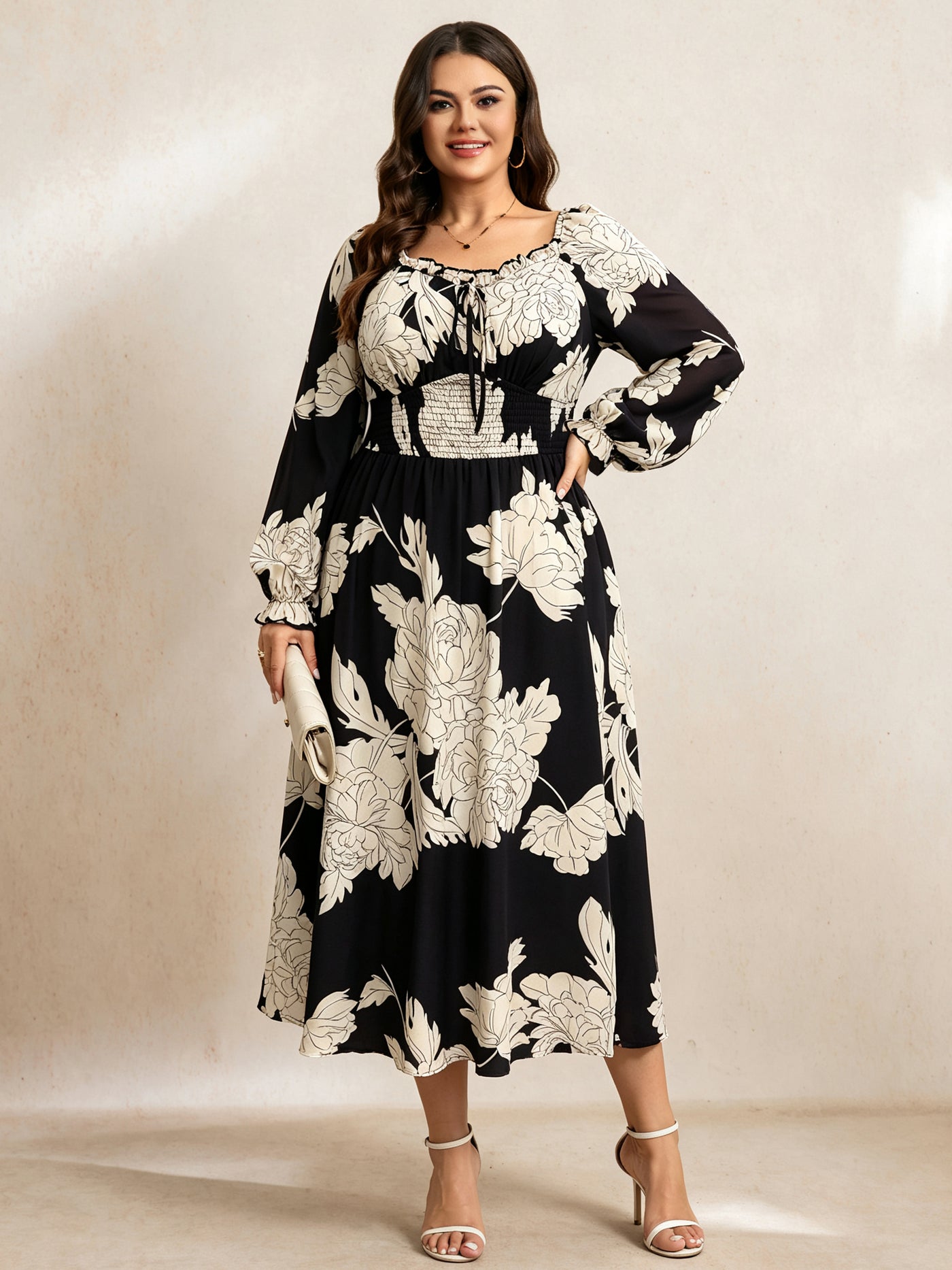 RWJ 6824 Black Floral square-neck side-slit maxi dress