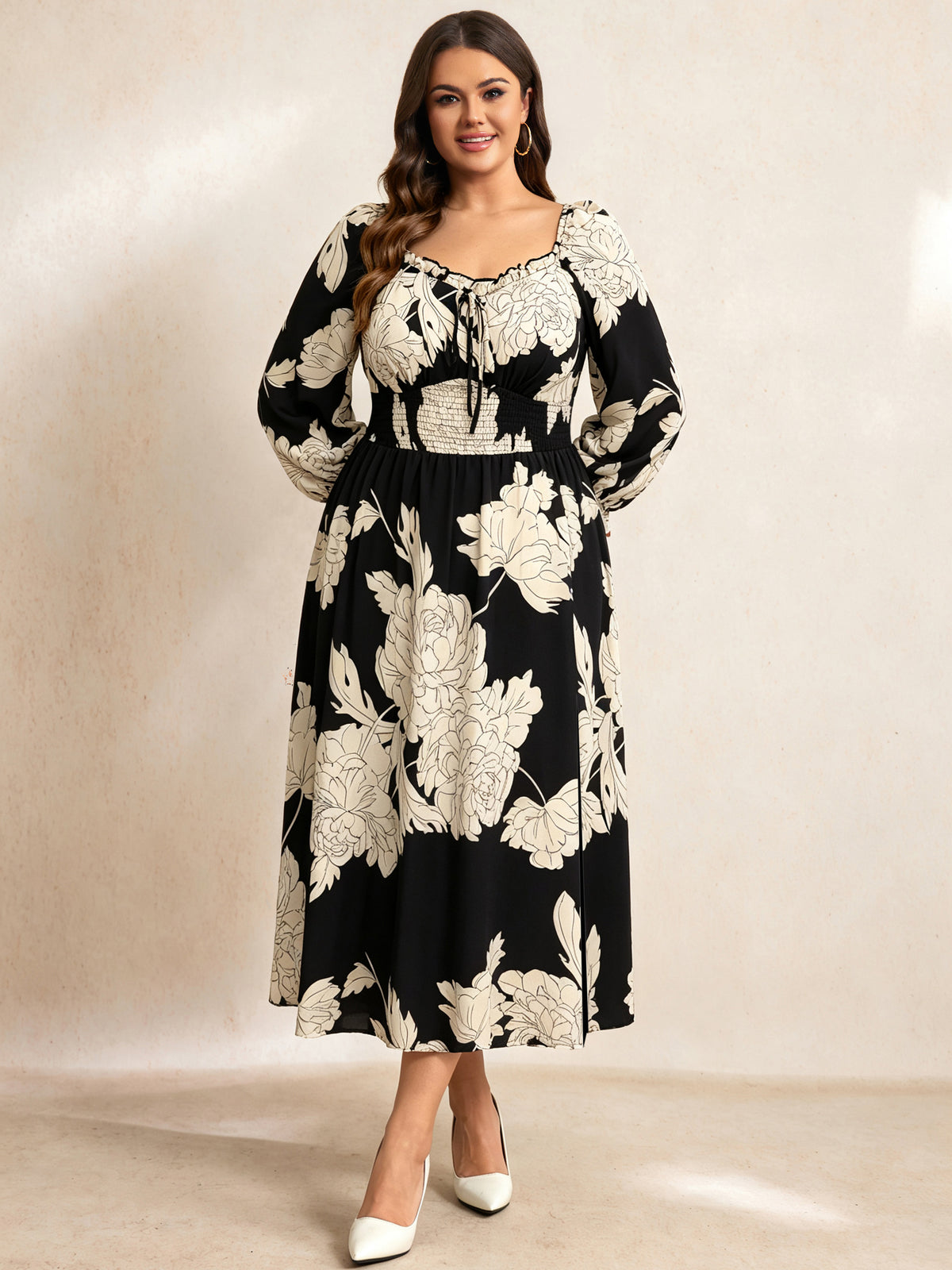 RWJ 6824 Black Floral square-neck side-slit maxi dress